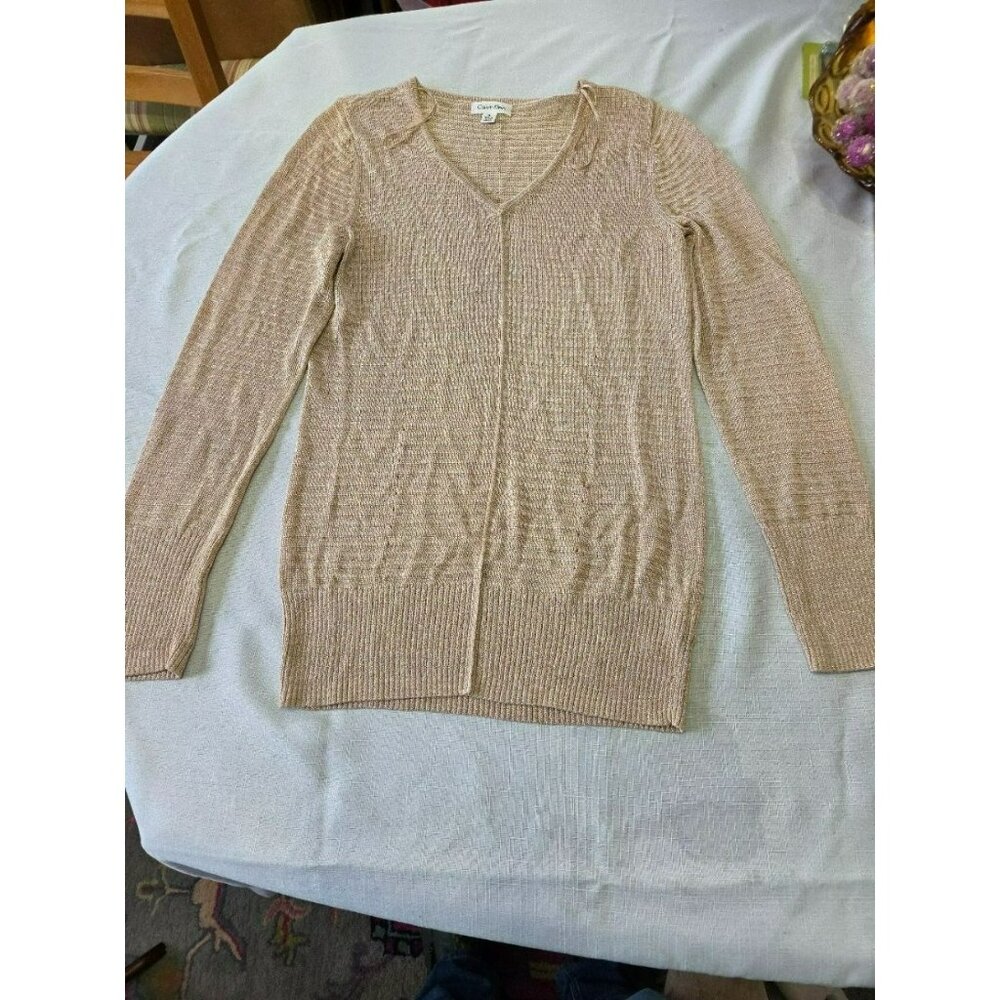 Calvin Klein Womens Gold Metallic Knit V-Neck Sweater M